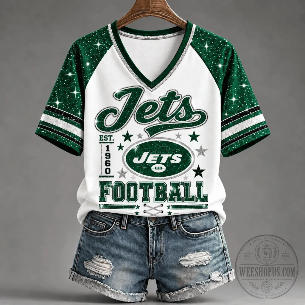 New York Jets Football Team Sparkle V-Neck Raglan T-Shirt New York Jets Football Team Sparkle V-Neck Raglan T-Shirt
