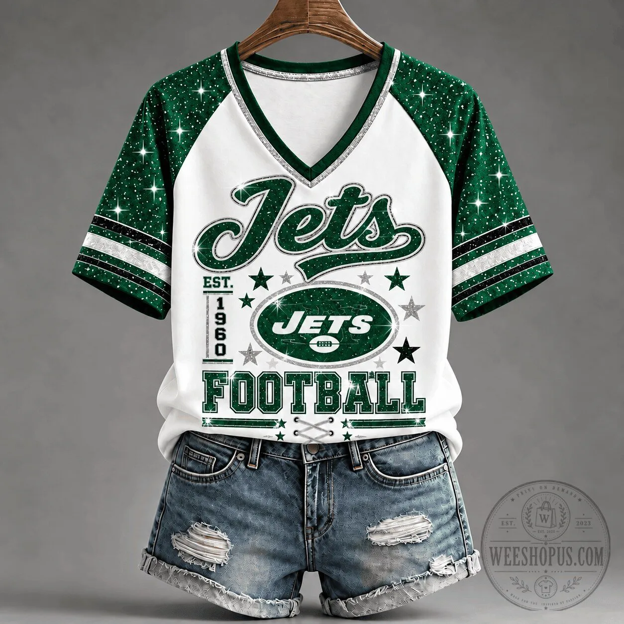 New York Jets Football Team Sparkle V-Neck Raglan T-Shirt