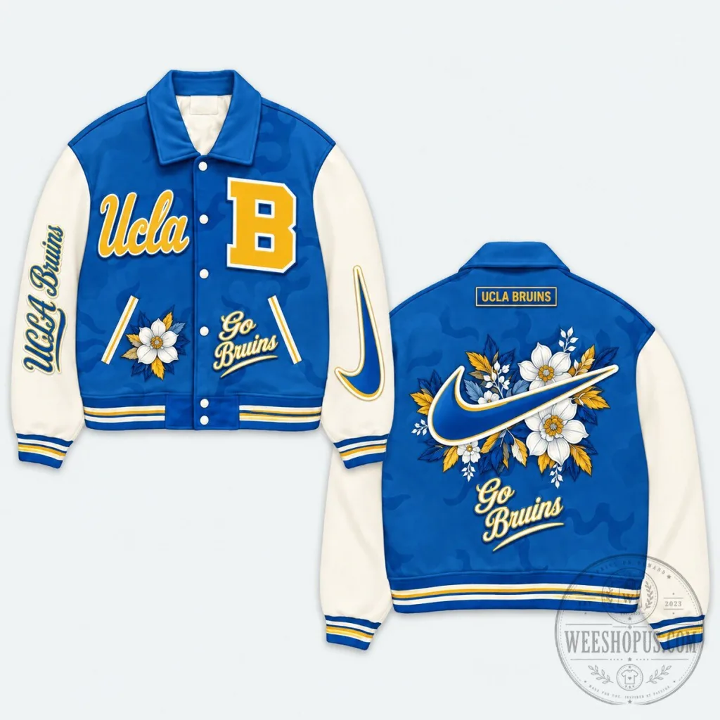 UCLA Bruins Floral Design Varsity Jacket with Nike Swoosh Logo UCLA Bruins Floral Design Varsity Jacket with Nike Swoosh Logo