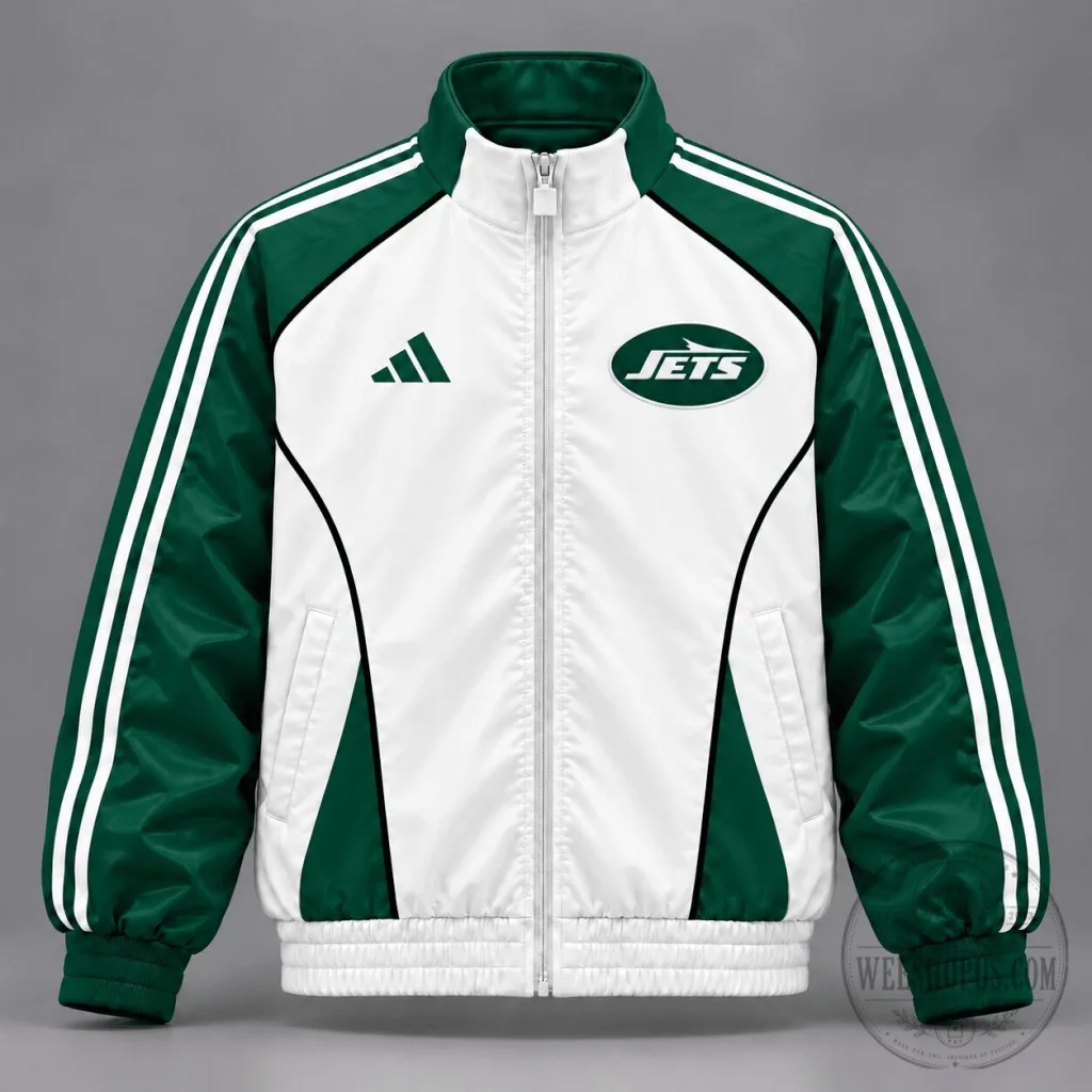 New York Jets NFL Colorblock Three-Stripe Full-Zip Retro Jacket New York Jets NFL Colorblock Three-Stripe Full-Zip Retro Jacket