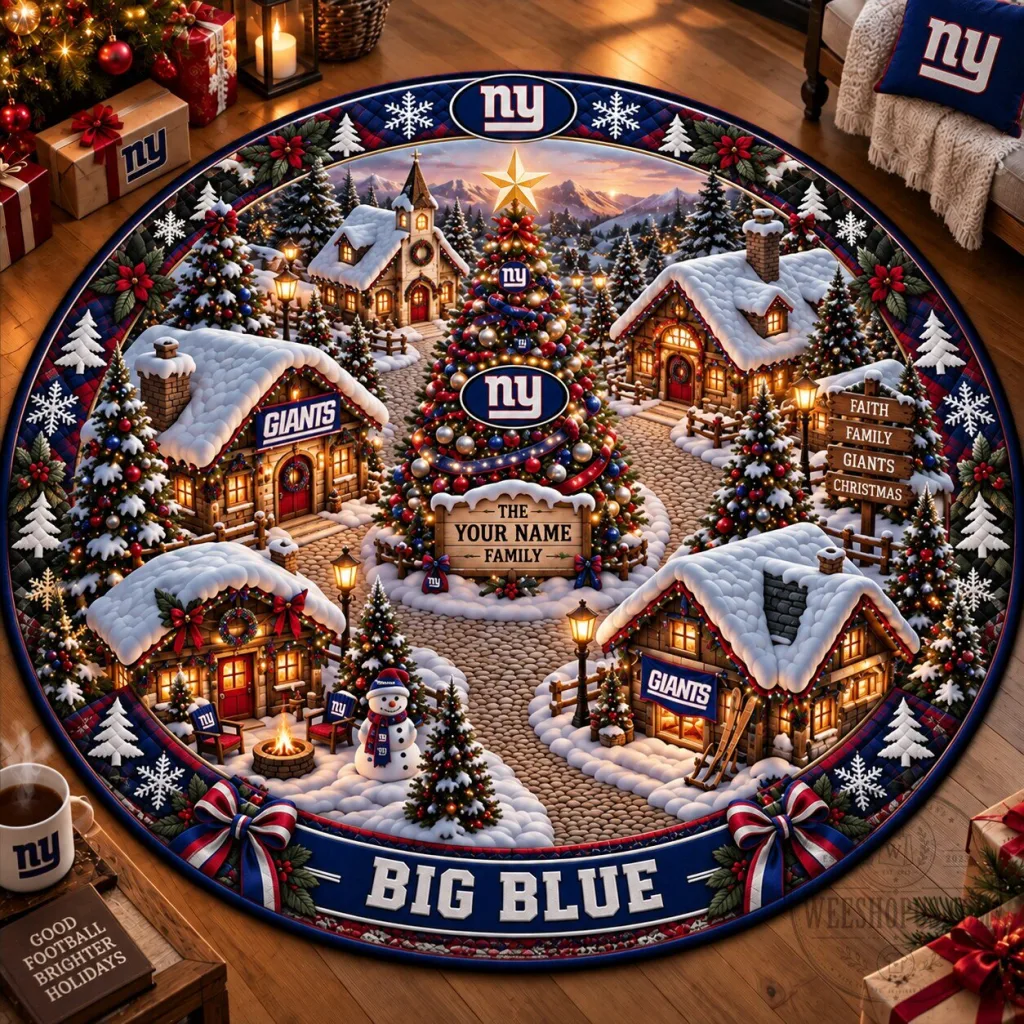 New York Giants Christmas Village Personalized Round Rug New York Giants Christmas Village Personalized Round Rug