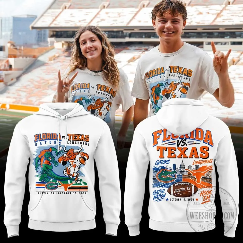 Florida Gators Versus Texas Longhorns Football Matchup White Hoodie 2 Florida Gators Versus Texas Longhorns Football Matchup White Hoodie