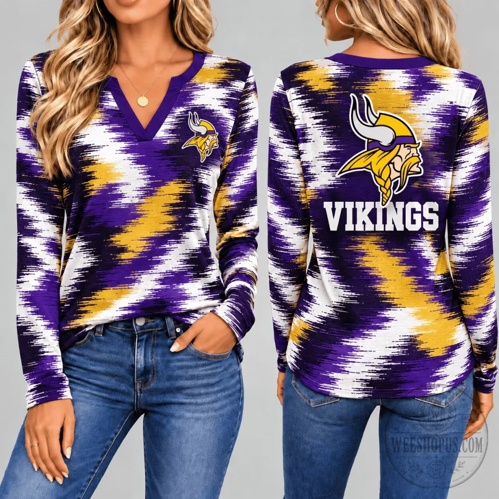 Minnesota Vikings NFL Dynamic Brushstroke Long-Sleeve V-Neck T-Shirt for Women Minnesota Vikings NFL Dynamic Brushstroke Long-Sleeve V-Neck T-Shirt for Women