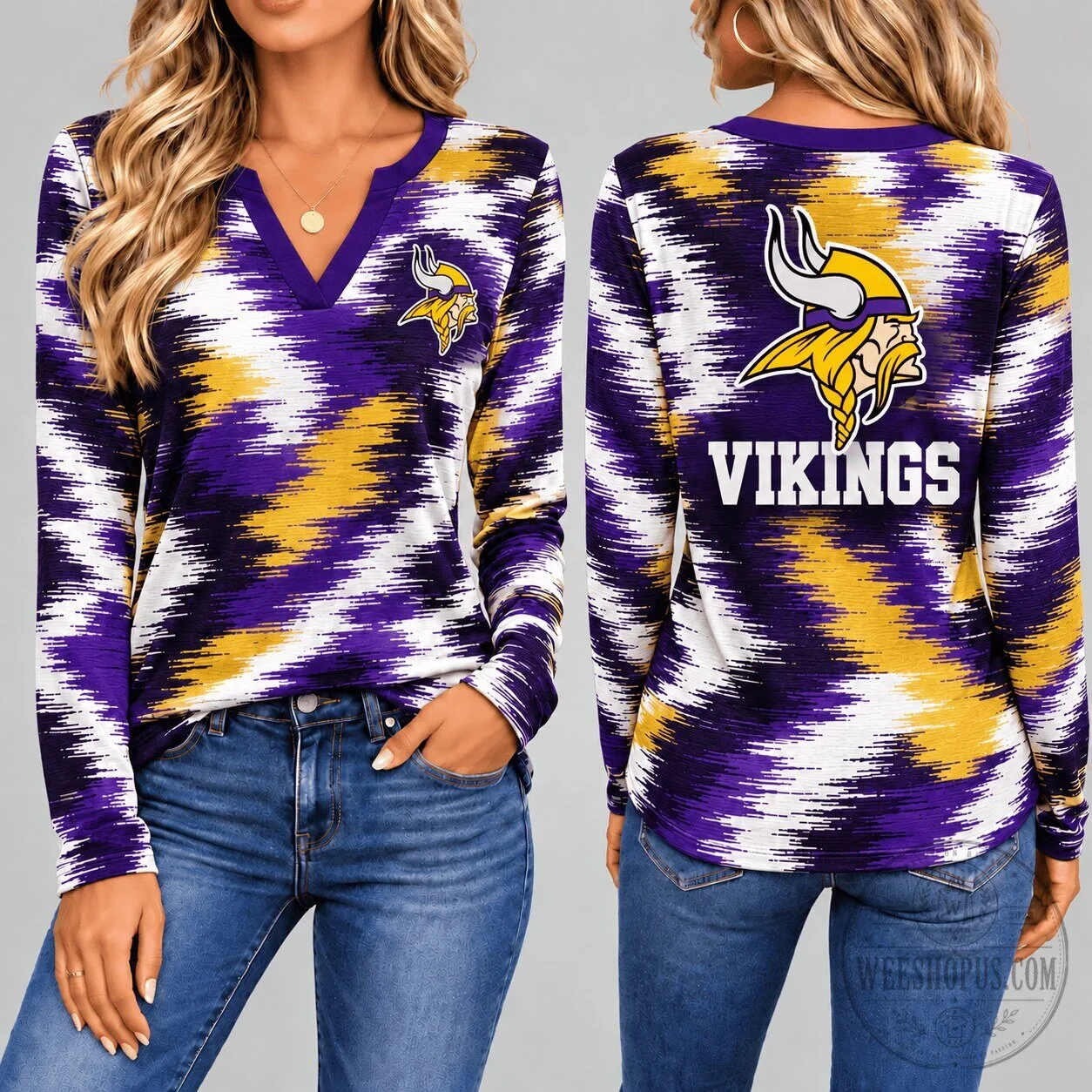 Minnesota Vikings NFL Dynamic Brushstroke Long-Sleeve V-Neck T-Shirt for Women 3 Minnesota Vikings NFL Dynamic Brushstroke Long-Sleeve V-Neck T-Shirt for Women