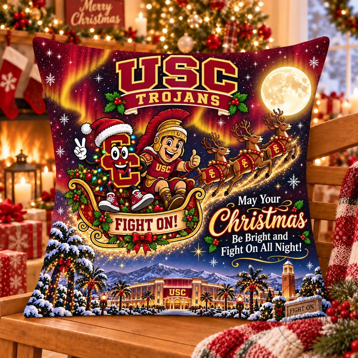 USC Trojans Christmas Magical Night Flight Full Moon Holiday Pillow