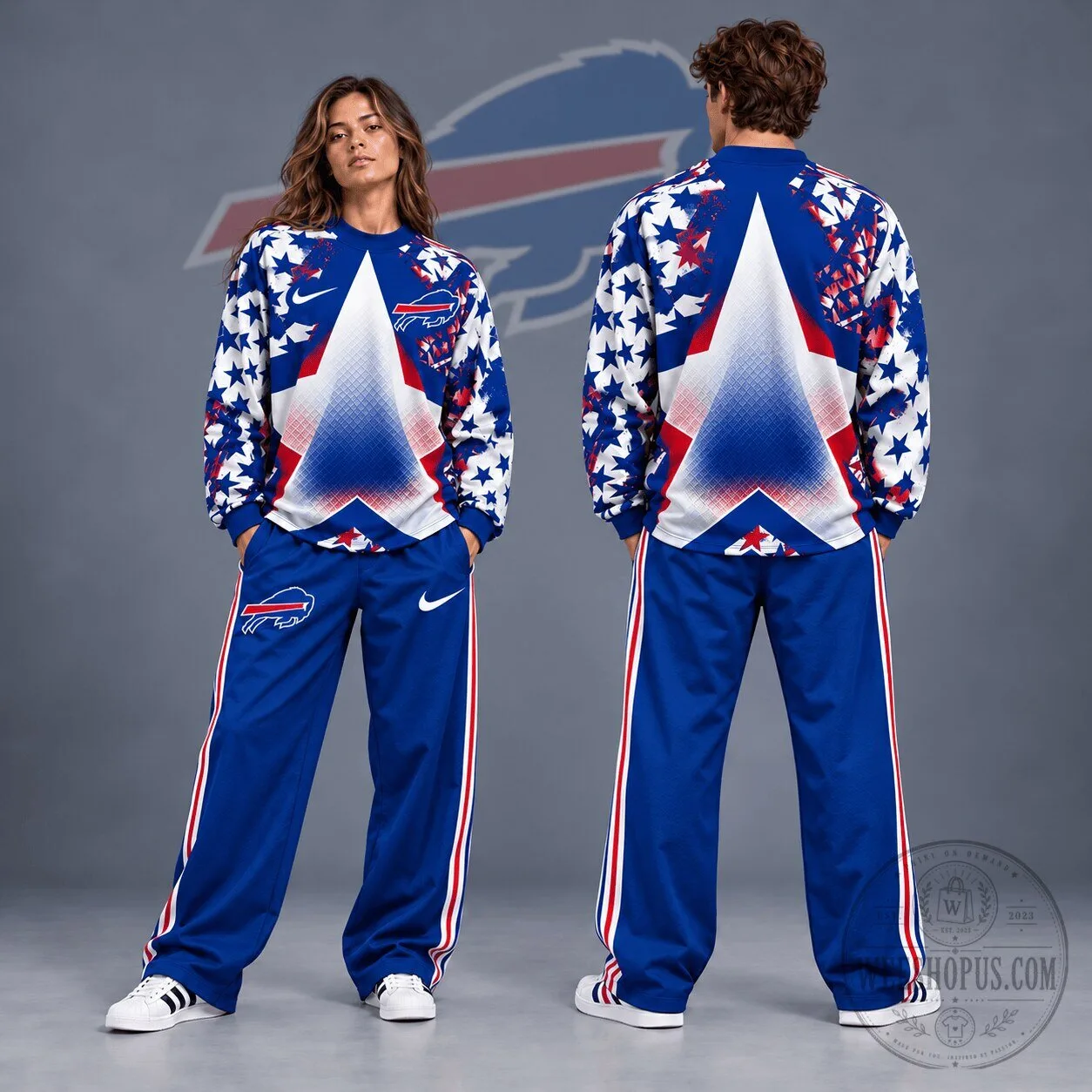 Buffalo Bills Patriotic Starburst Chevron Design Crewneck Sweatshirt