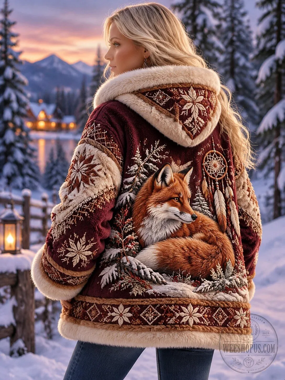 Nordic Fox Winter Forest Dreamcatcher Women's Faux Fur Lined Hooded Jacket