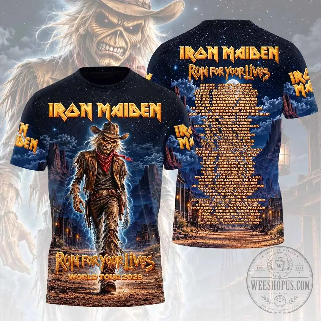 Run For Your Lives World Tour 2026 T-Shirt Featuring Iron Maiden Concert Dates