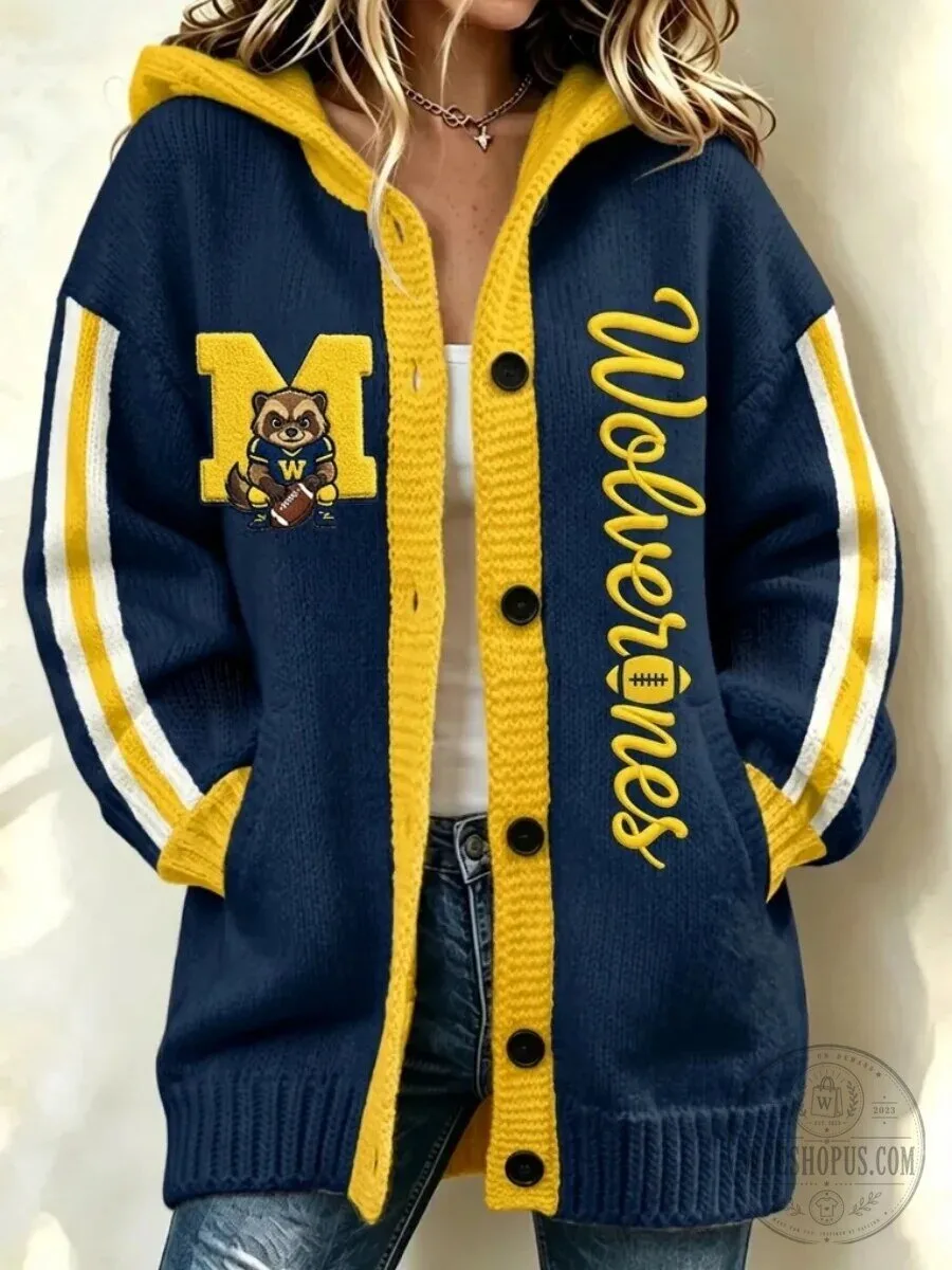 Michigan Wolverines Football Team Logo Striped Long Cardigan Hoodie for Women