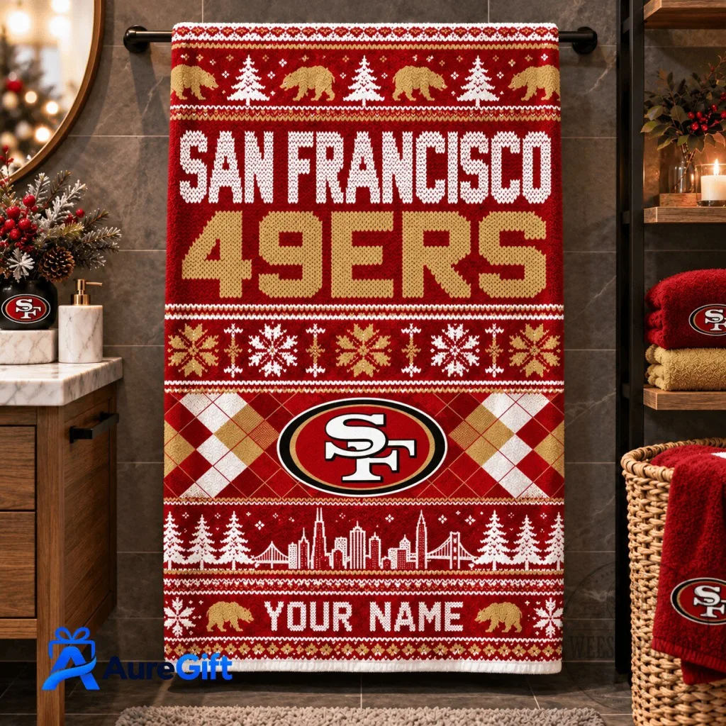 San Francisco 49ers Christmas Personalized Ugly Sweater Style Bath Towel San Francisco 49ers Christmas Personalized Ugly Sweater Style Bath Towel