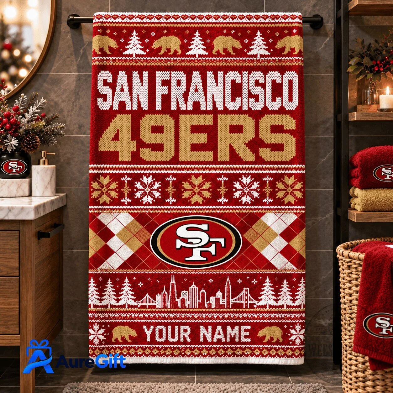 San Francisco 49ers Christmas Personalized Ugly Sweater Style Bath Towel