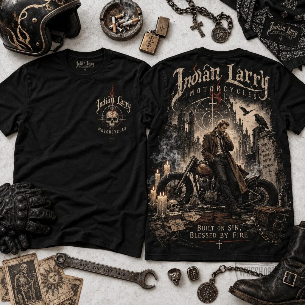 Indian Larry Motorcycles Built On Sin Blessed By Fire Biker Skull T-Shirt Indian Larry Motorcycles Built On Sin Blessed By Fire Biker Skull T-Shirt
