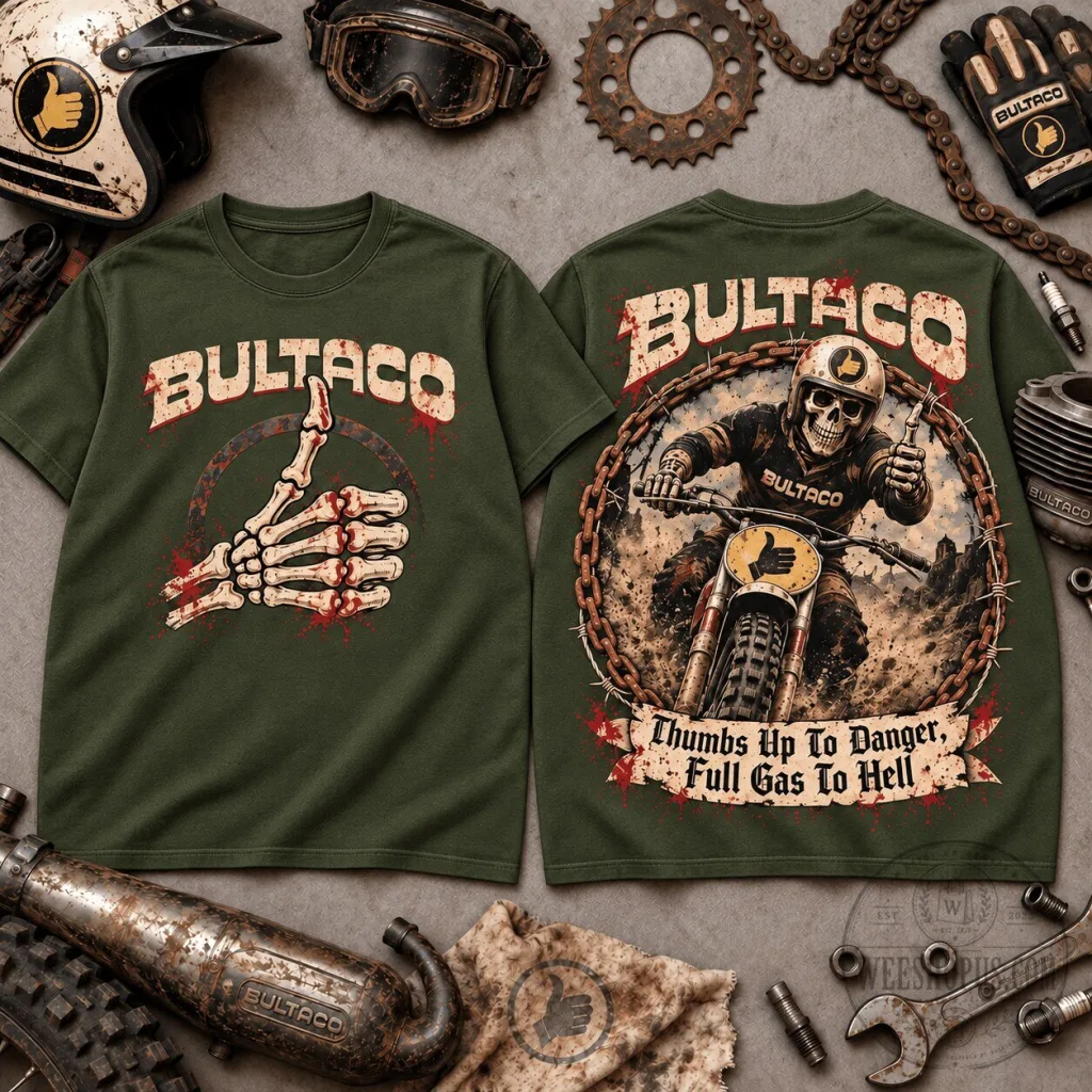 Bultaco Thumbs Up To Danger Full Gas To Hell Motorcycle Rider T-Shirt Bultaco Thumbs Up To Danger Full Gas To Hell Motorcycle Rider T-Shirt