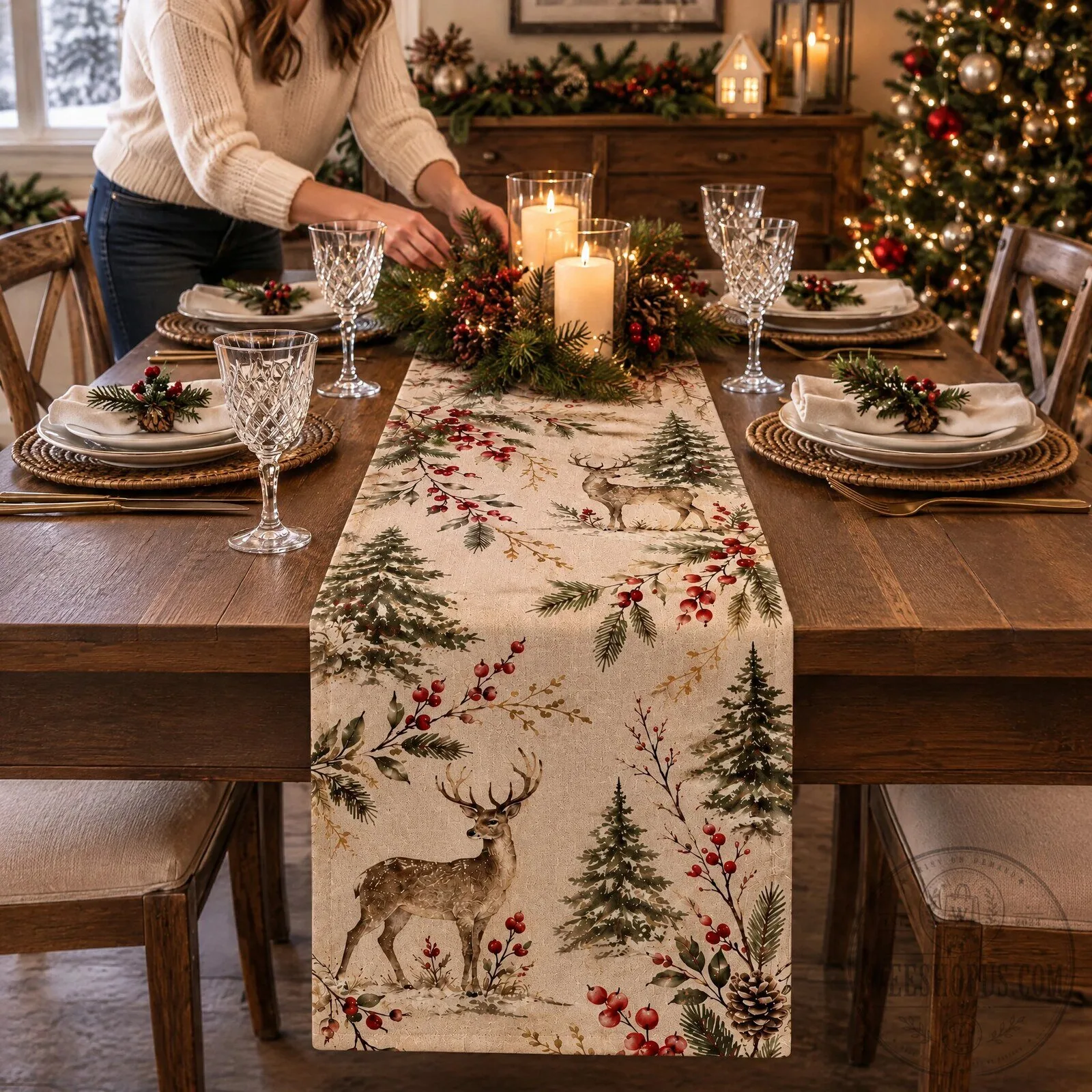 Woodland Deer Christmas Table Runner, Botanical Reindeer Dining Room Decor 7 Woodland Deer Christmas Table Runner, Botanical Reindeer Dining Room Decor