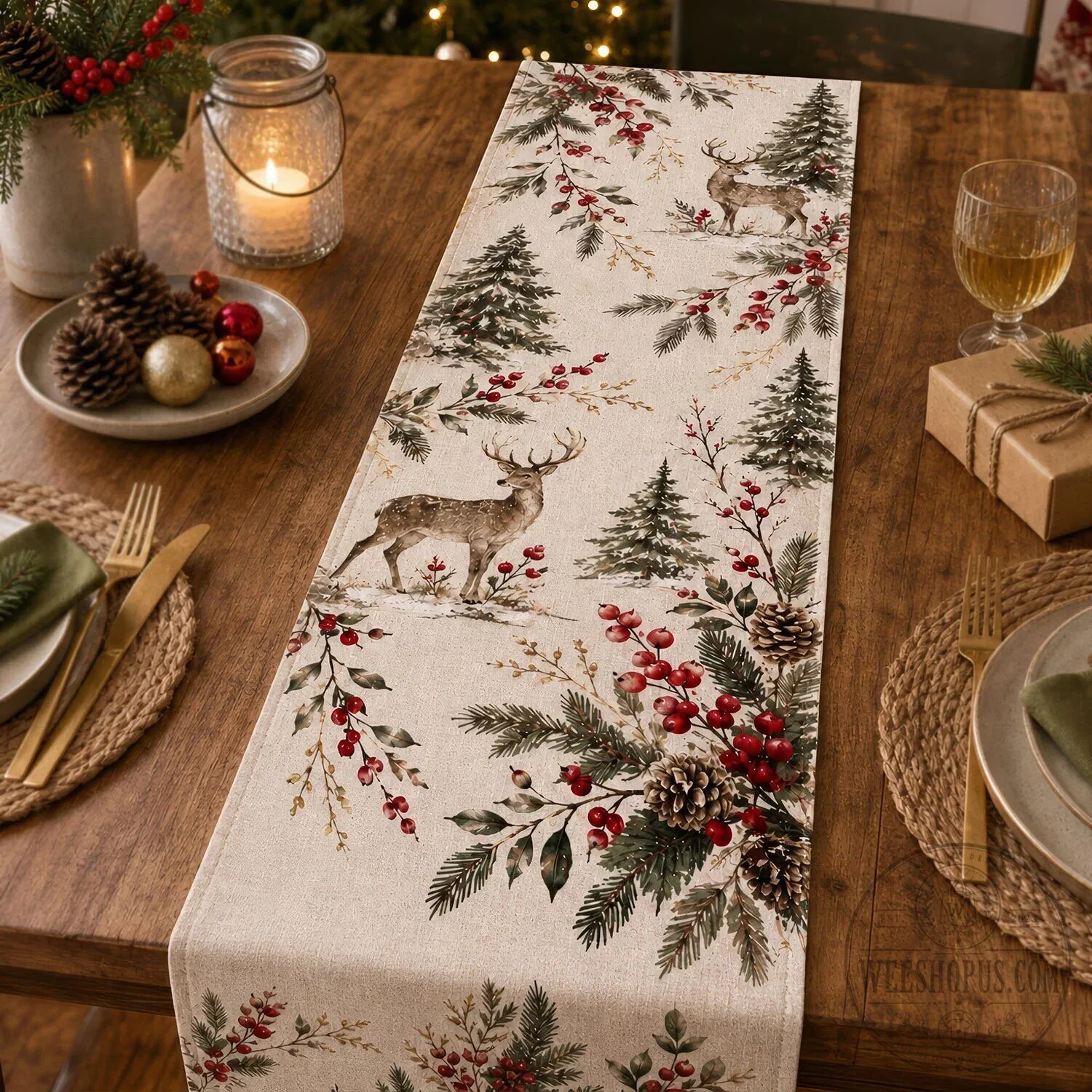 Woodland Deer Christmas Table Runner, Botanical Reindeer Dining Room Decor 9 Woodland Deer Christmas Table Runner, Botanical Reindeer Dining Room Decor