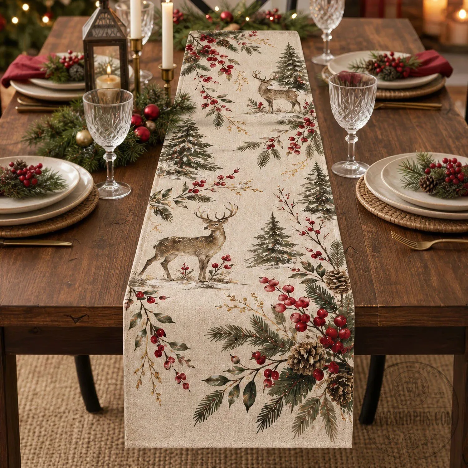 Woodland Deer Christmas Table Runner, Botanical Reindeer Dining Room Decor 10 Woodland Deer Christmas Table Runner, Botanical Reindeer Dining Room Decor