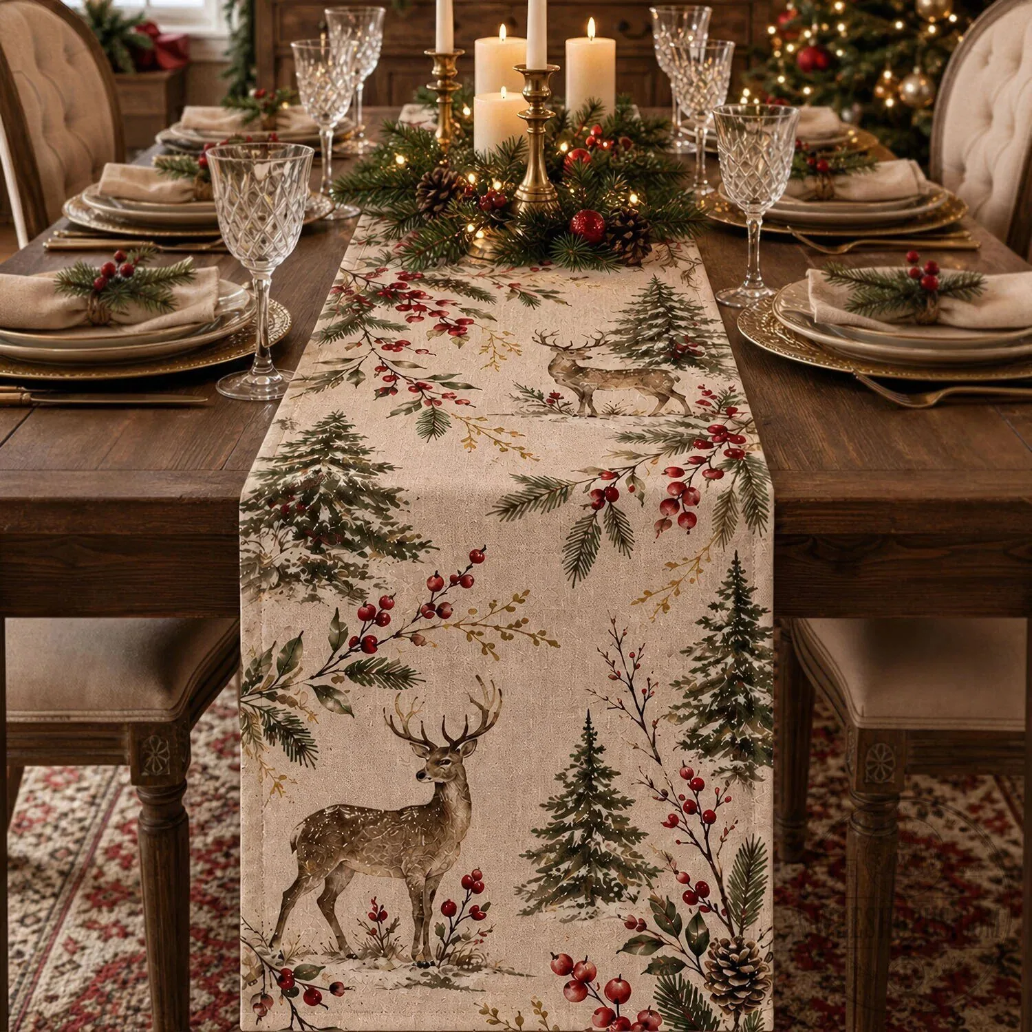 Woodland Deer Christmas Table Runner, Botanical Reindeer Dining Room Decor 11 Woodland Deer Christmas Table Runner, Botanical Reindeer Dining Room Decor