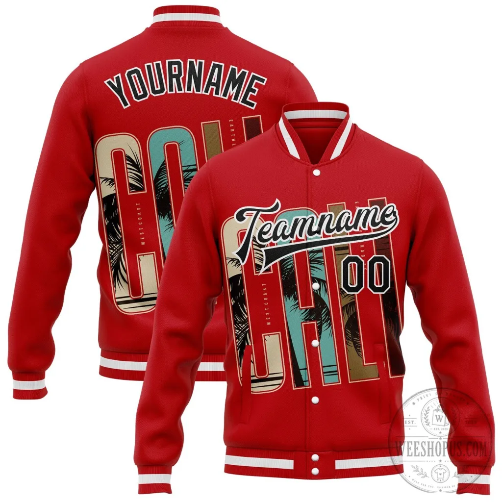 Custom Red Black White California West Coast Tropical Palm Trees Bomber Jacket Custom Red Black White California West Coast Tropical Palm Trees Bomber Jacket