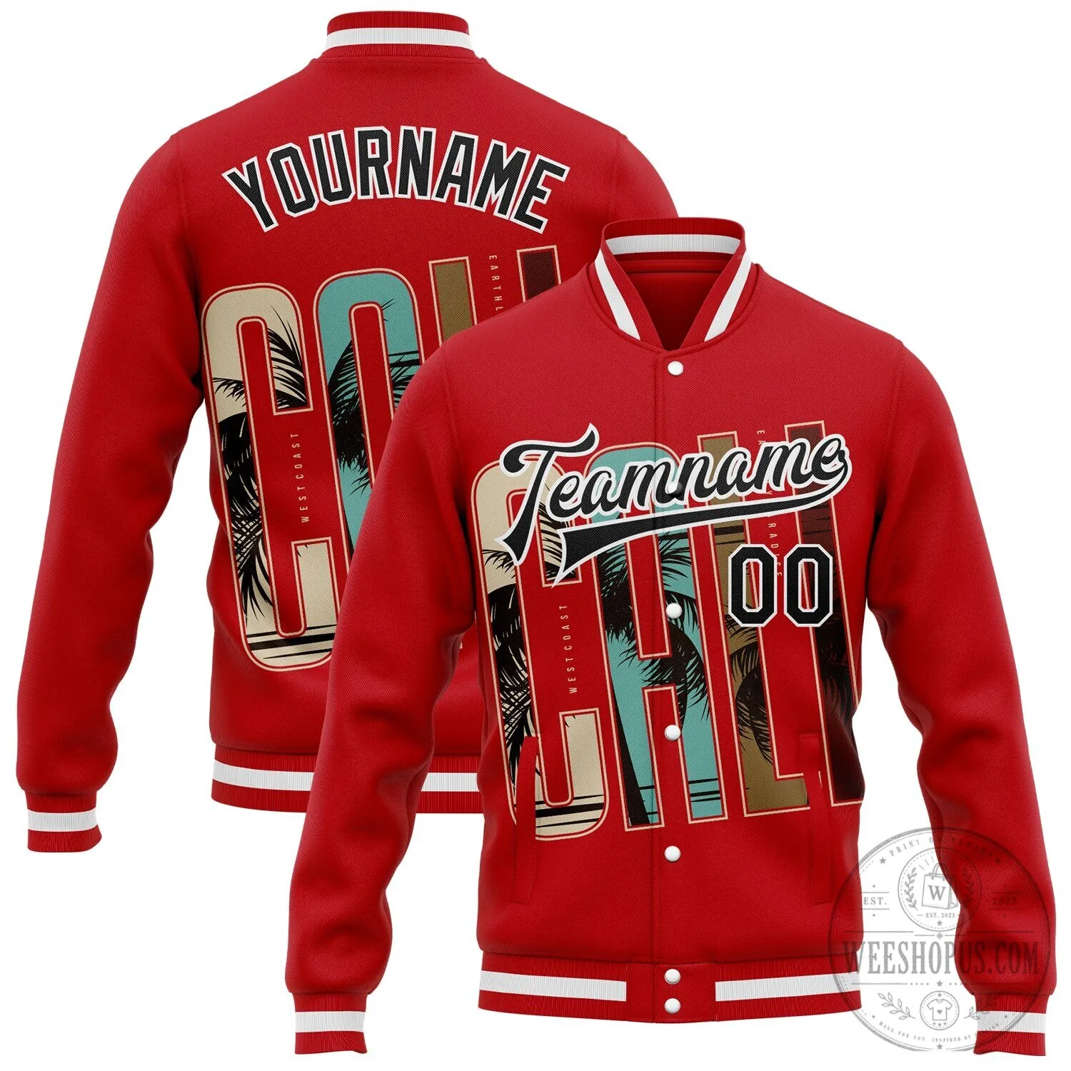Custom Red Black White California West Coast Tropical Palm Trees Bomber Jacket 8 Custom Red Black White California West Coast Tropical Palm Trees Bomber Jacket