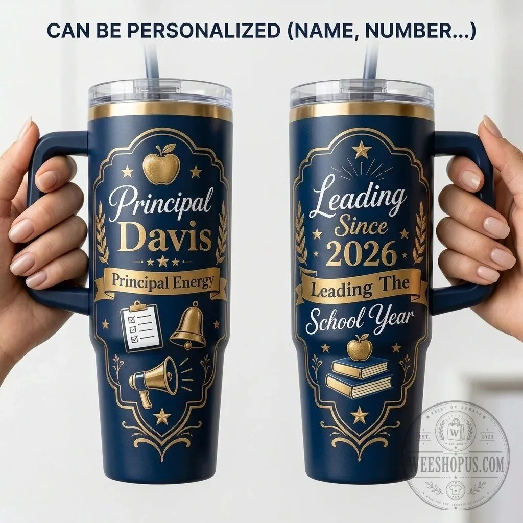 Personalized Principal Gift Navy and Gold Travel Tumbler with Handle