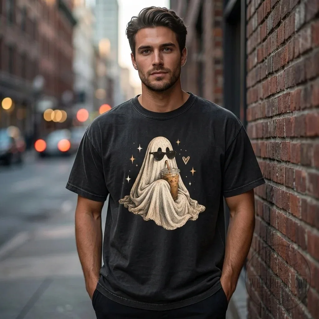 Cute Ghost Drinking Iced Coffee Halloween Spooky Season T-Shirt 3 Cute Ghost Drinking Iced Coffee Halloween Spooky Season T-Shirt