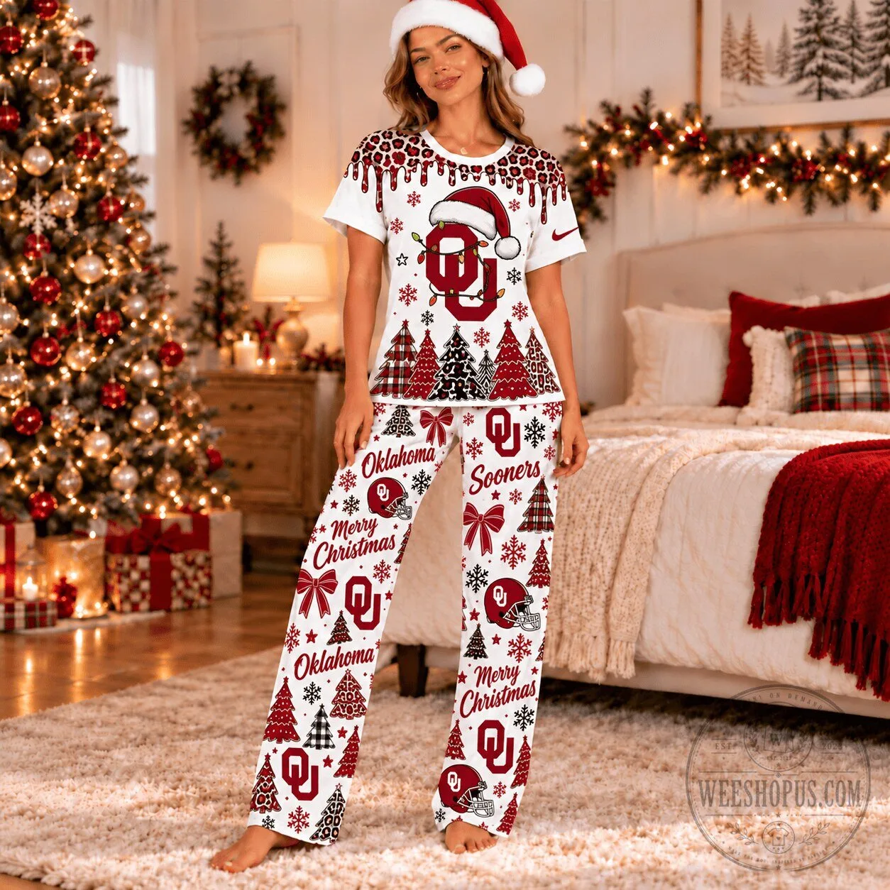 Oklahoma Sooners Christmas Leopard Drip Holiday Pajamas Set 3 Oklahoma Sooners Christmas Leopard Drip Holiday Pajamas Set