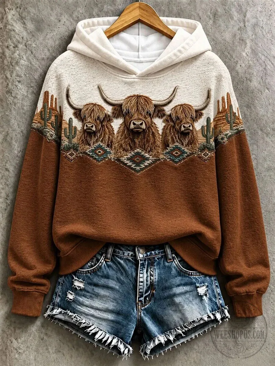 Western Highland Cattle Desert Landscape Women's Pullover Hoodie 3 Western Highland Cattle Desert Landscape Women
