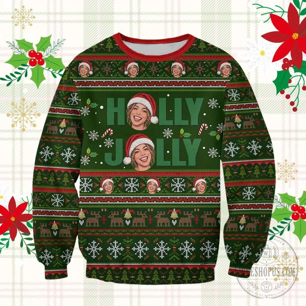 Personalized Holly Jolly Christmas Custom Photo Ugly Holiday Sweatshirt 1 Personalized Holly Jolly Christmas Custom Photo Ugly Holiday Sweatshirt