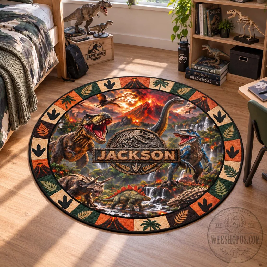 Personalized Jurassic World Dinosaur Volcano Waterfall Round Rug Personalized Jurassic World Dinosaur Volcano Waterfall Round Rug