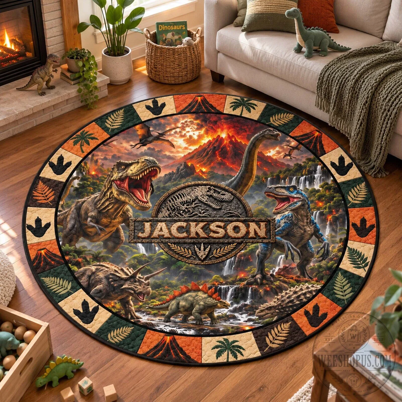 Personalized Jurassic World Dinosaur Volcano Waterfall Round Rug 10 Personalized Jurassic World Dinosaur Volcano Waterfall Round Rug