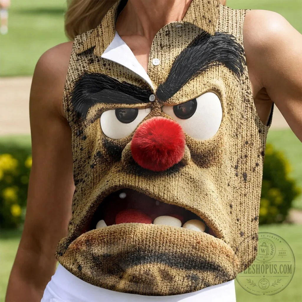 Grumpy Reindeer Face Christmas Lights Women's Sleeveless Golf Polo Shirt Grumpy Reindeer Face Christmas Lights Women's Sleeveless Golf Polo Shirt