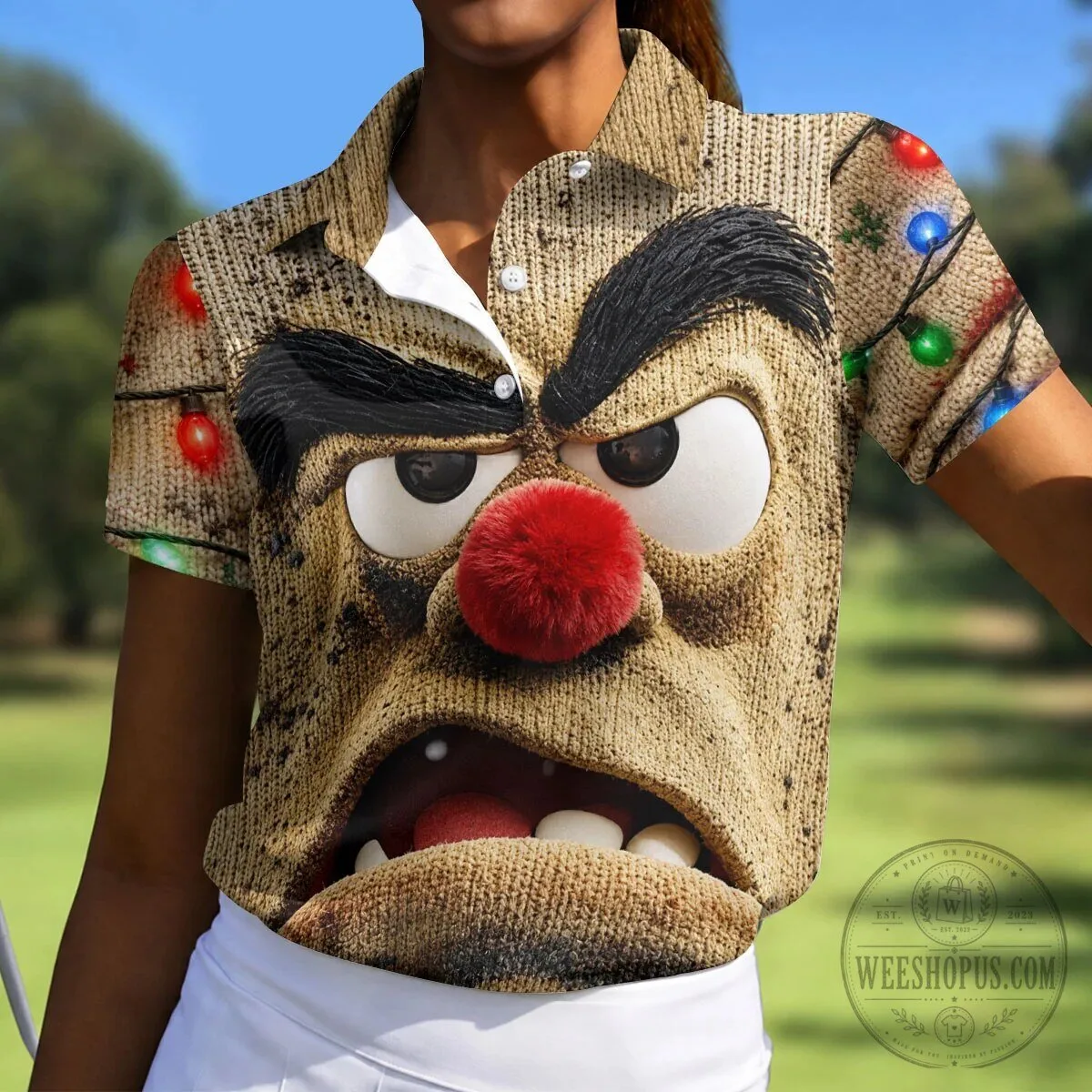 Grumpy Reindeer Face Christmas Lights Women's Sleeveless Golf Polo Shirt 14 Grumpy Reindeer Face Christmas Lights Women