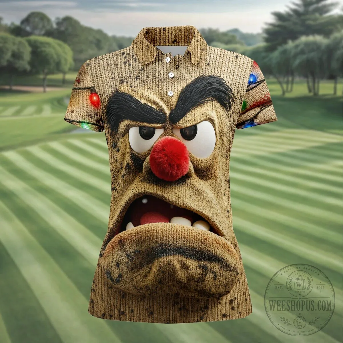 Grumpy Reindeer Face Christmas Lights Women's Sleeveless Golf Polo Shirt 15 Grumpy Reindeer Face Christmas Lights Women