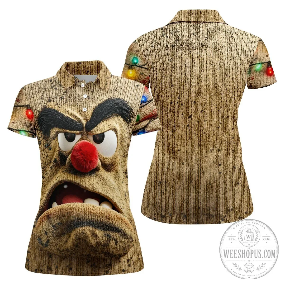 Grumpy Reindeer Face Christmas Lights Women's Sleeveless Golf Polo Shirt 18 Grumpy Reindeer Face Christmas Lights Women