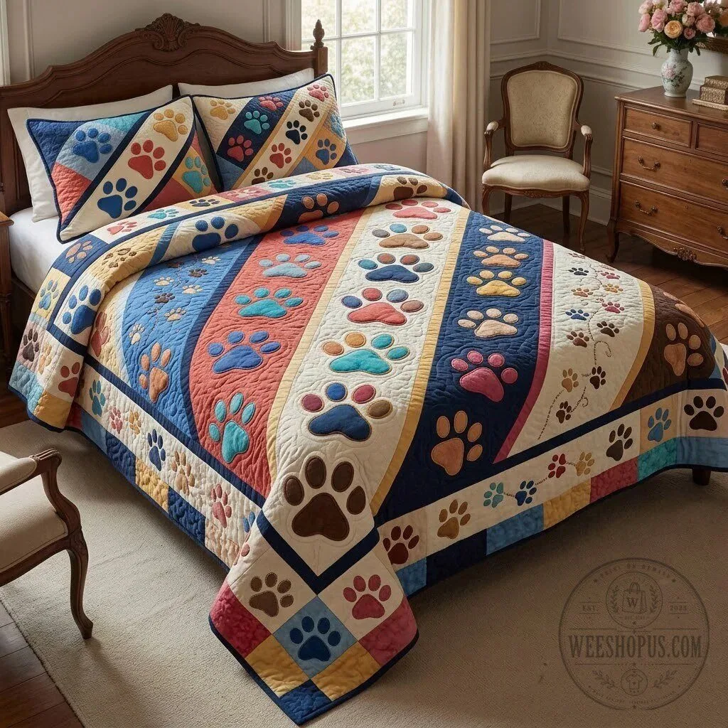 Colorful Paw Print Diamond Garden Quilted Bedding Set 7 Colorful Paw Print Diamond Garden Quilted Bedding Set