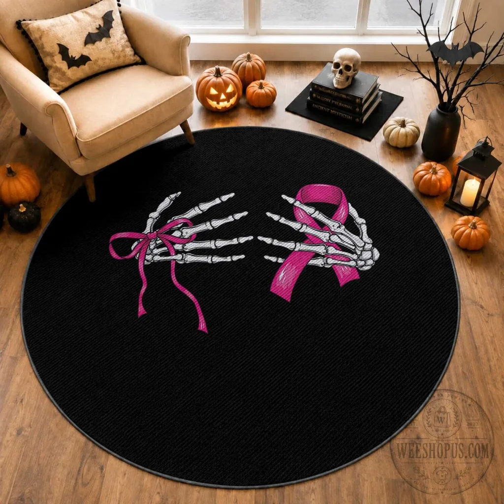 Breast Cancer Awareness Skeleton Hands Pink Ribbon Round Rug Breast Cancer Awareness Skeleton Hands Pink Ribbon Round Rug