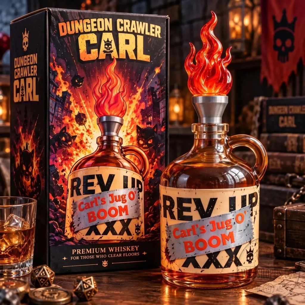Dungeon Crawler Carl Rev Up Carl's Jug O' Boom Whiskey Decanter with Flame Topper Dungeon Crawler Carl Rev Up Carl's Jug O' Boom Whiskey Decanter with Flame Topper