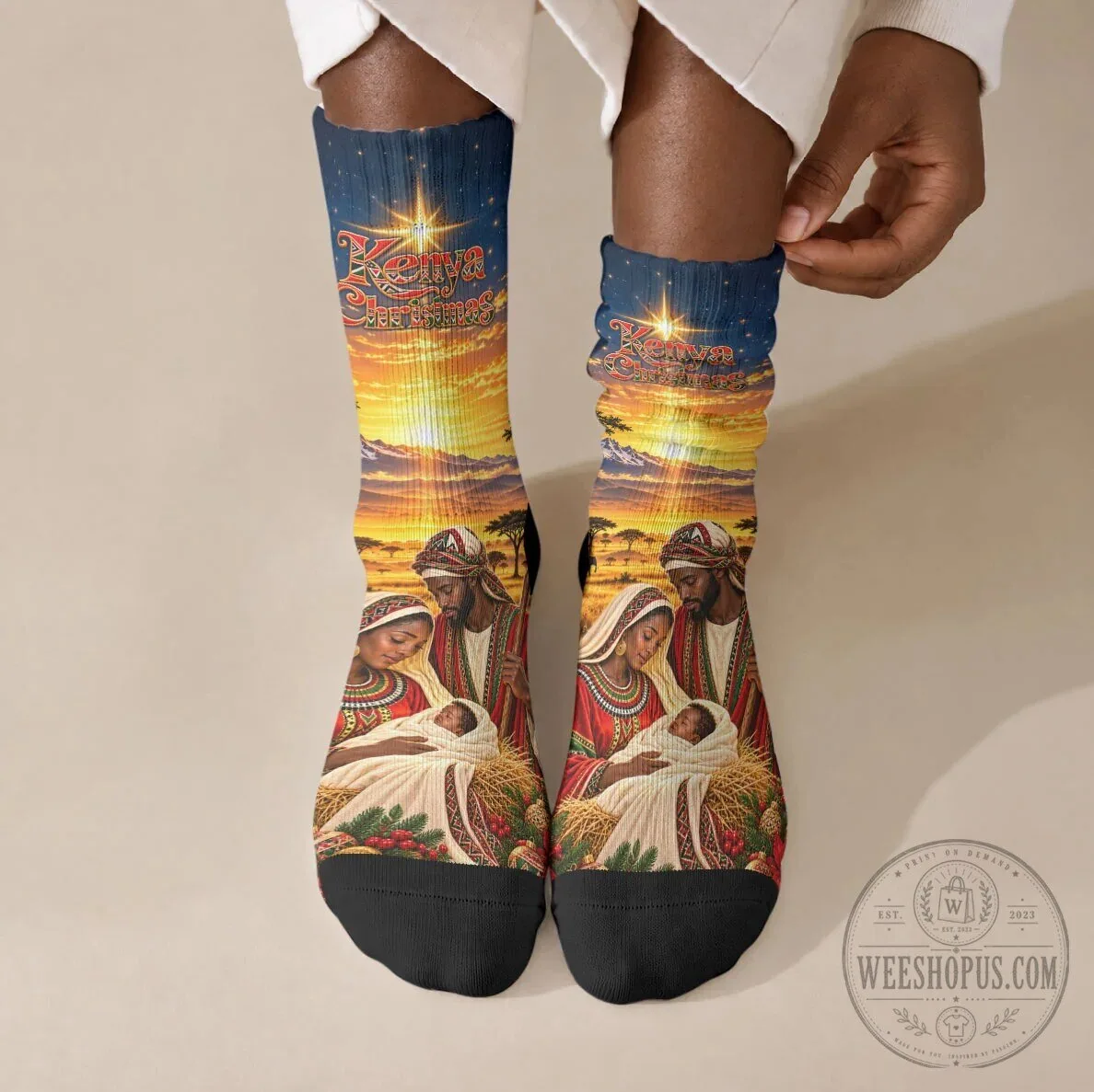 Kenya Christmas African Holy Family Savanna Sunset Baby Jesus Crew Socks 7 Kenya Christmas African Holy Family Savanna Sunset Baby Jesus Crew Socks