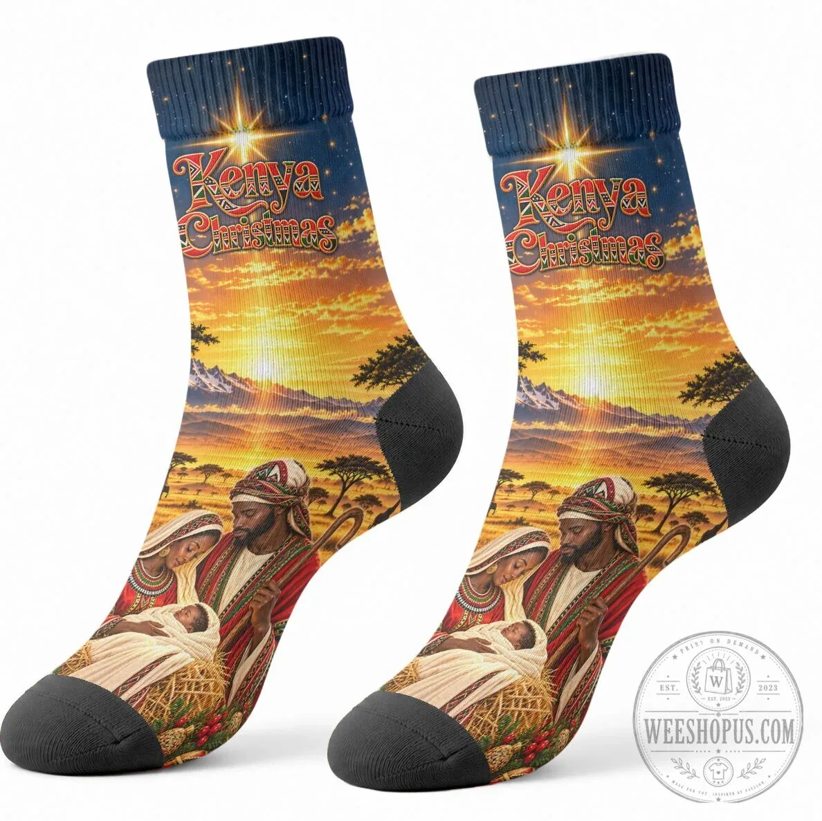 Kenya Christmas African Holy Family Savanna Sunset Baby Jesus Crew Socks 8 Kenya Christmas African Holy Family Savanna Sunset Baby Jesus Crew Socks