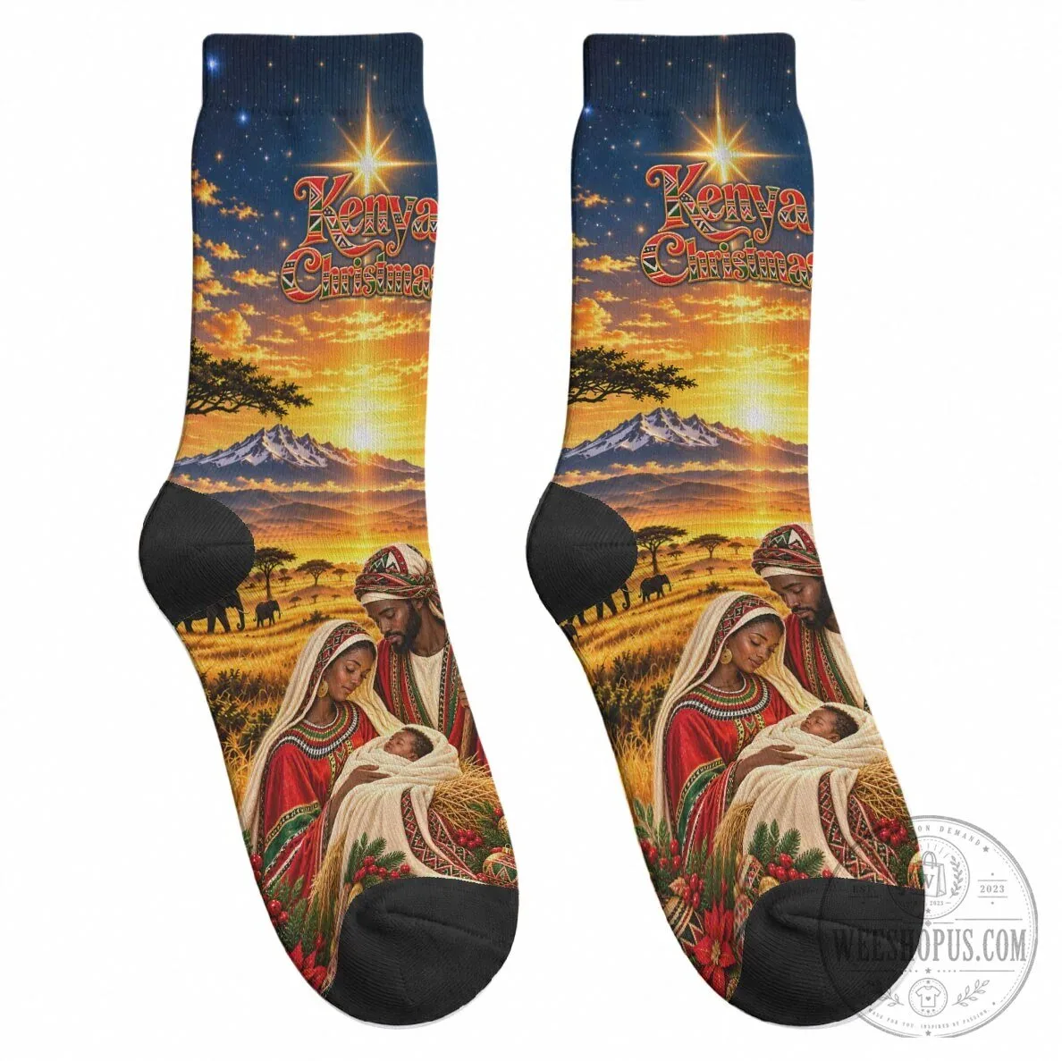 Kenya Christmas African Holy Family Savanna Sunset Baby Jesus Crew Socks 9 Kenya Christmas African Holy Family Savanna Sunset Baby Jesus Crew Socks