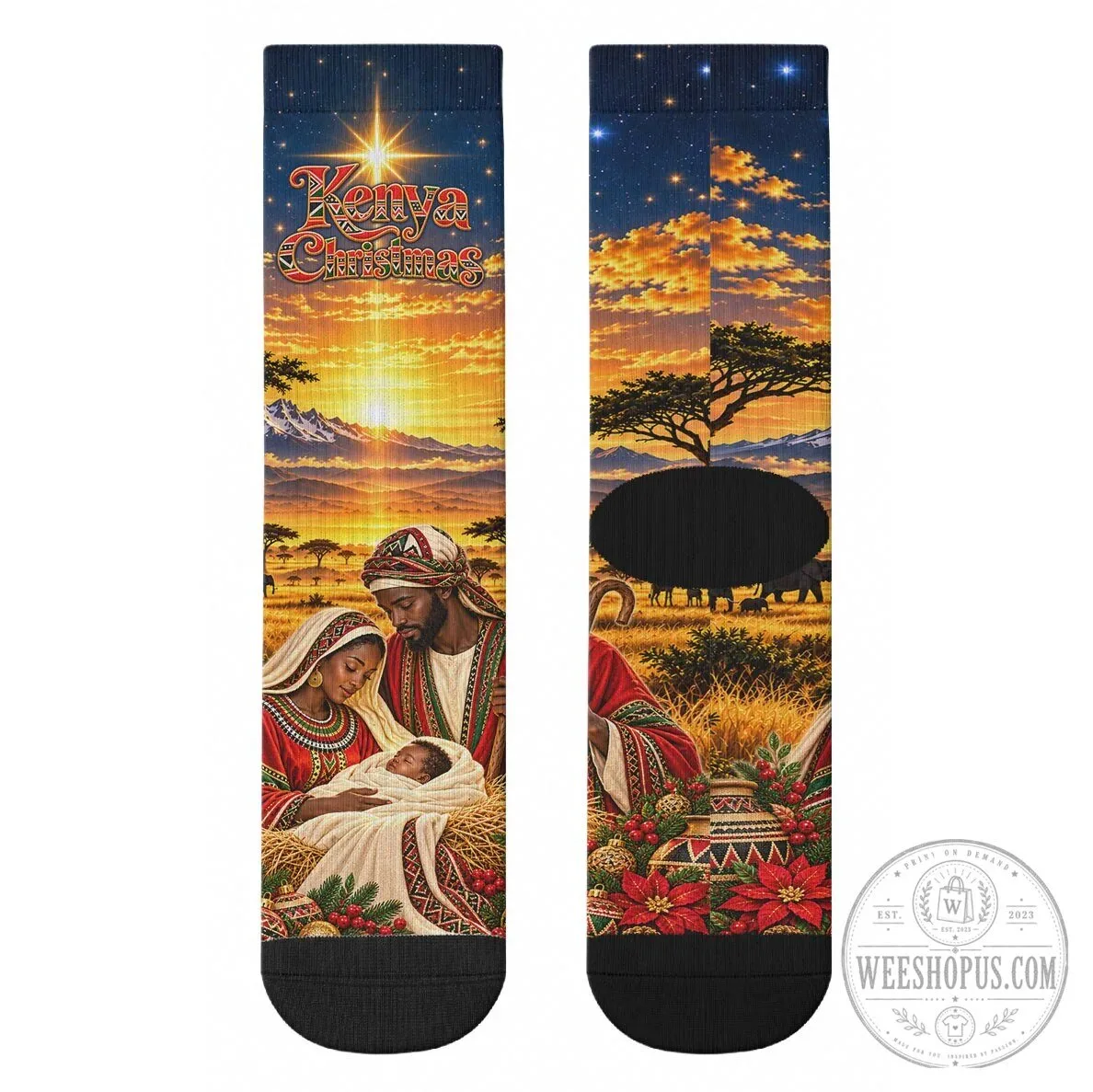 Kenya Christmas African Holy Family Savanna Sunset Baby Jesus Crew Socks 11 Kenya Christmas African Holy Family Savanna Sunset Baby Jesus Crew Socks
