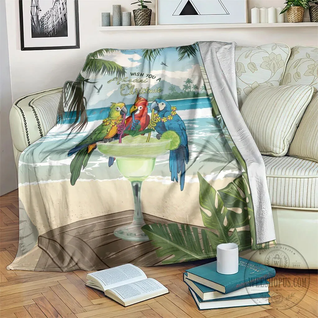 Wish You A Merry Martini Christmas Parrots Tropical Beach Blanket 1 Wish You A Merry Martini Christmas Parrots Tropical Beach Blanket